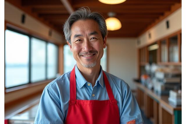 うみさかな本舗の店主、田中太郎が店内で笑顔で働く様子