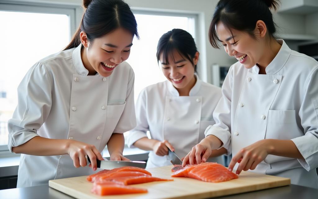 魚をさばくことを楽しむ生徒たち